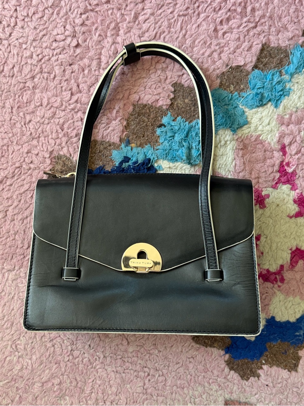 Trina Turk Black Leather Structured Top Handle Handbag Contrast White Trim